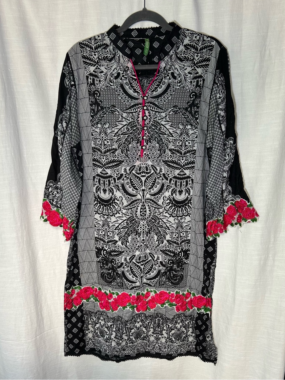 Black & White Floral Pattern Tunic Dress with Pink Embroidered Accents
